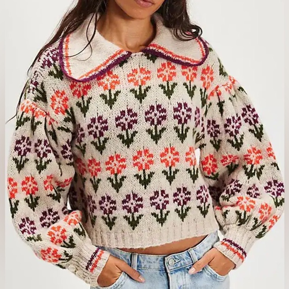 Free People Frills Softspun Sweater in Oatmeal Tulip Combo NWT